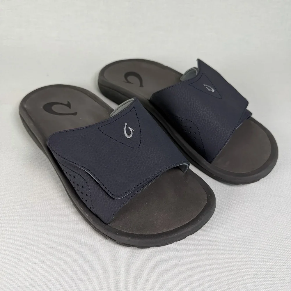 Olukai Nalu Slides Mens 8 Blue Sandals Cushioned Footbed Adjustable Upper Strap